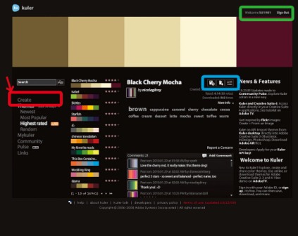 赤枠のCreateから配色パターン作成ページに移動。右上の緑枠から「Sign Out」すれば青枠部分にダウンロードとお気に入り登録アイコンが表示される
