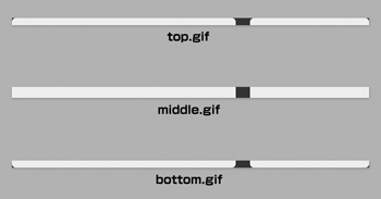 まずは画像をスライスしよう。top.gifはid＝topに、middle.gifはid＝contentsに、bottom.gifはid＝bottomの背景にそれぞれ指定する。角丸などの装飾が必要なければ、top.gifとbottom.gifは省いてもよい