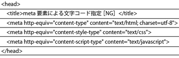 meta要素による文字コードの指定前に日本語が書かれていると文字化けが発生しやすい。文字コードの指定は、必ずhead要素内でいちばん最初に記述するようにしよう