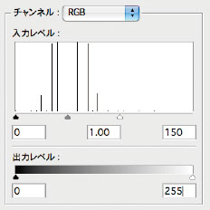 【2-2】「入力レベル」の右スライダを150にする。ほかはデフォルトのままでよい。フィルタのハーフトーンパターンで格子の濃さを決めず、「レベル補正」の調整レイヤーで調整すれば、あとから何度も調整できるので便利だ