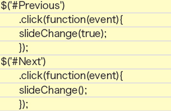 【6-1】クリックされた際にslideChange を実行するようにする。前へ戻る場合は引数としてtrueを設定する