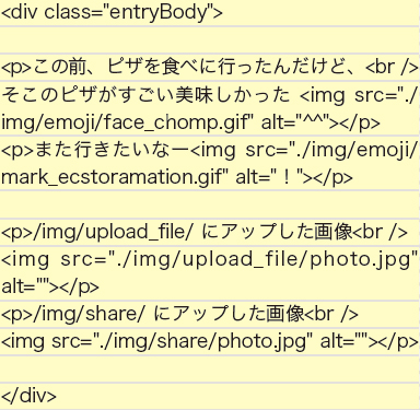 【5-1】HTMLソース。絵文字用の画像、アップロードされた画像、共通画像など用途によってディレクトリを分けている