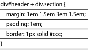 隣接セレクタを使用したスタイルの指定とIE 7で隣接セレクタの適用に問題が発生するHTMLソース。コメントをdiv要素の終了タグ後に記述している。この場合、div#headerとdiv.sectionの間にコメントが存在する状態になり、IE 7では隣接セレクタが正しく適用されない