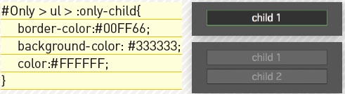 【1-4】only-childとすると、子要素がひとつの場合は選択され(上)、子要素が複数の場合は選択されない(下)