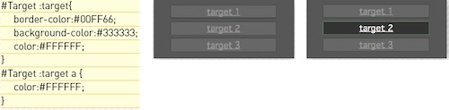 【3-1】targetでアンカーリンクの対象となる要素をスタイリング。ページ内アンカーへ移動していない場合（左）、#Target2アンカーへ移動したあと（右）