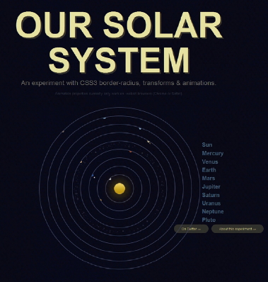 【02】border-radius、animation-iteration-count、animation-timing-function、transformといったプロパティを駆使して太陽系の動きを再現している。OUR SOLAR SYSTEM（http://neography.com/experiment/circles/solarsystem/）