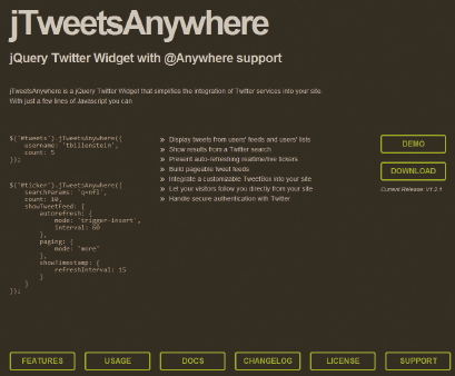 【07】＠anywhereの公式サイト追加。右側にある「DEMO」のリンクには、このプラグインを用いたさまざまなTwitterウィジェットの例が公開されている。