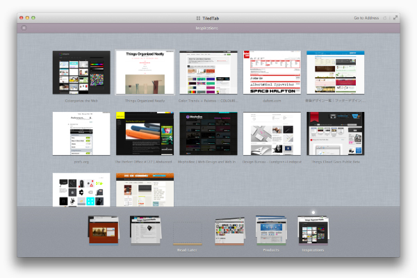 開いているタブを一覧するTiledTab。iOS版同様に6個のタブグループが用意され、それぞれ色分けされている。ピンチインでTiledTab画面を開いたり、スワイプでタブグループを切り替えるなどMacOS標準に合わせたジェスチャー機能もふんだんに活用している