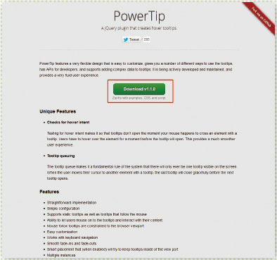 【1-1】PowerTip のWeb ページ（http://stevenbenner.github.com/jquery-powertip/）。赤枠で囲まれたボタンをクリックしてダウンロード。