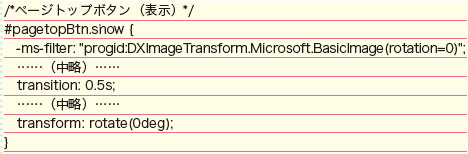 【6-1】CSS3のtransformによる回転と同時にtransitionを指定することで、回転にアニメーション効果が加わる。CSS3に対応していないIE8以前は独自のfilterで回転を実現するが、アニメーション効果は省略される。