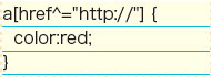 【07】属性セレクタ「Ｅ[foo^＝”bar”]」における記述例。リンク先が「http://」で始まる外部リンクの場合にスタイルが適用される。