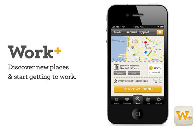 小林さんがTENDER CREATIVE社で開発に携わったiPhoneアプリ「Work+」。外出先で作業できるカフェやWi-Fiスポットなどの情報をユーザー同士で共有できる