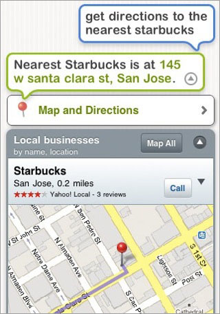「一番近いスターバックスまで道案内してほしい」というリクエストに対して、Siriは住所を示し、道順マップや評価コメント、電話発信ボタンなどをアレンジした画面を表示する