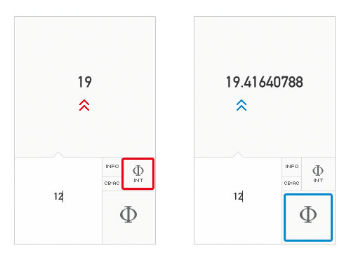 赤枠の［INT］ボタンを押すと算出される値の小数点を切り、近い整数に。青枠ボタンは小数点で算出する