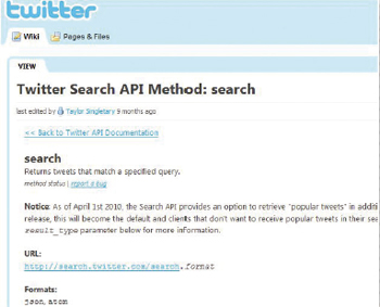 【2-3】JSON によるTwitter Search API については「Twitter API Wiki」にも載っているので参考にして欲しい。http://apiwiki.twitter.com/w/page/22554756/Twitter-Search-API-Method:-search