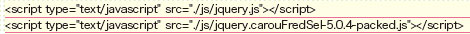 【2-1】HTMLにscript要素を追加。なお、ここのjquery.carouFredSel.jsは、圧縮版を利用する。
