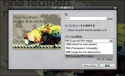 JPEGなどへの書き出し、レイヤーを維持した専用ファイルとしても保存可能だ