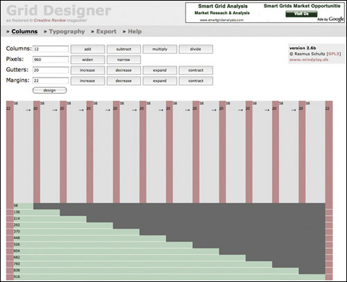 「Grid Designer 2」で横幅960pxのグリッドを作成した例