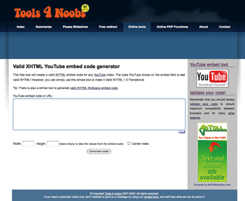 「Valid XHTML YouTube embed code generator」の画面