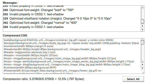 メッセージには圧縮内容が、その下に圧縮後のCSSと、圧縮率やサイズが表示される