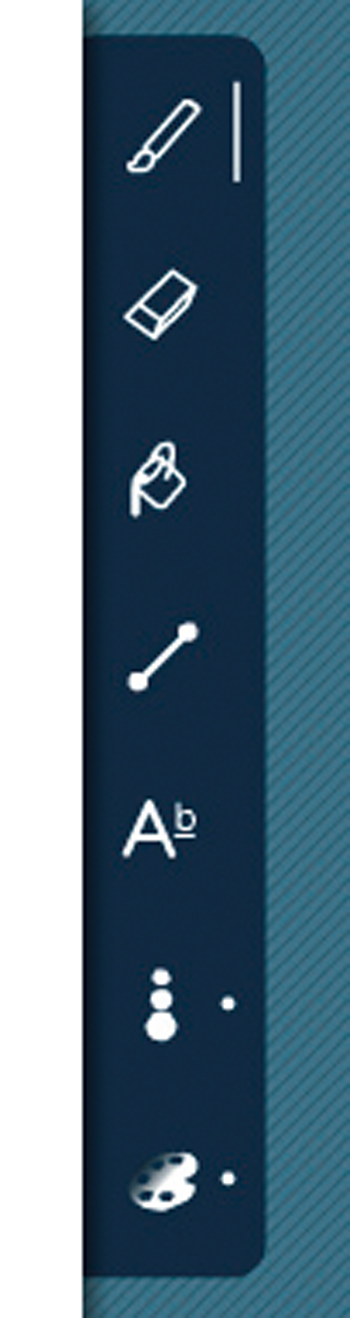 パレットは上から筆、消しゴム、バケツ、直線、文字タイプ。その下は筆圧選択と色選択ツールだ