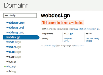 「webdesign」という単語で空きドメインを検索。「.gn」はギニアのTDLだ。ドメインが売りに出されているかどうかも教えてくれる