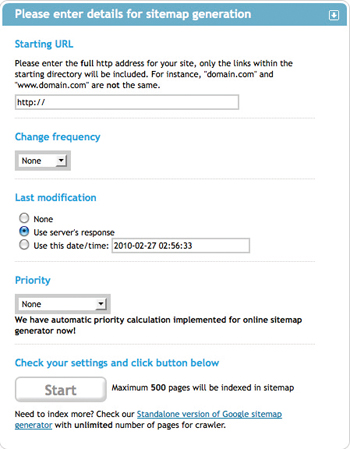 「URL」、「更新頻度」、「最終更新日時」、「優先度」を設定して「Start」ボタンを押すだけだ