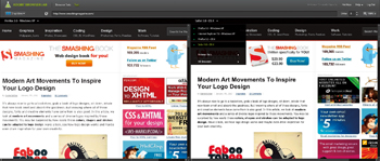 【3】横に並べてふたつの画面で別々のブラウザ画面を表示させ比較することも可能で、日本語ページも問題なく表示できる。画面上で拡大表示して細かな部分も確認が行える