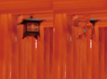 画像の左半分が基画像。この赤い鳥居群内にある灯篭を消さなければならない場合、コピースタンプツールを使うとしばしば画像右のようにムラができてしまい、不自然になってしまう。このようになってしまったらほかの手段を考えよう