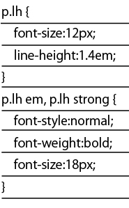 強調したい語句はstrong要素でマークアップして18pxに指定。line-heightプロパティの値は1.4emを指定しているが行間が狭まってしまった。強調文字の行が重なっているので読みにくい