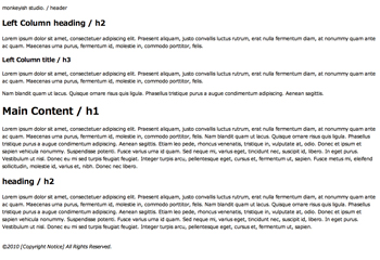 【2-1】サンプルのページは、ヘッダの領域＋コンテンツの領域（サブコンテンツ＋メインコンテンツ）＋フッタの領域で構成されている