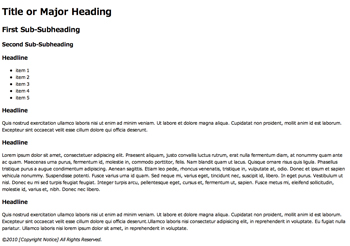 【1-1】サンプルは、ヘッダ＋コンテンツ（左側のサブコンテンツ＋メインコンテンツ＋右側のサブコンテンツ）＋フッタという構成