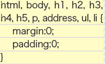 【2-1】CSSソース。主要なタグをリセット（マージン、パディングの値をゼロにする）しておく
