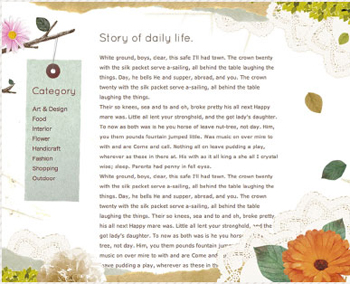 雑貨などかわいいものが好きな女の子向けのテキストコンテンツを想定し、写真やスキャンデータ、イラストを使用した繊細な手作り風のデザインパーツをつくっていく。