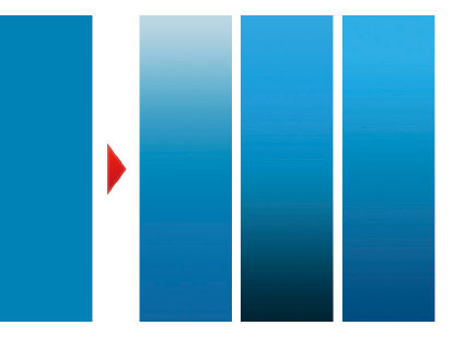 【4-1】左のブルーに3パターンのグラデーションをかけてみた。単純に明るい方を白くしてしまったり、暗い方を黒くしてしまうと不自然に見える