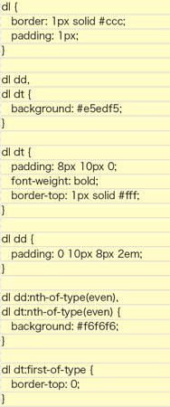 【2-1】CSSソース。dt要素とdd要素が偶数行の場合に背 景色を変更している