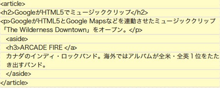 【2-4】aside要素で余談、注釈を挿入する。記事内のバンドの解説をaside要素で囲んでいる。主題のミュージッククリップの説明においてバンドの解説は特に必要のない余談である