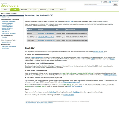 【4-1】AndroidのSDKはhttp://developer.android.com/sdk/index.htmlからダウンロードできる。自分の環境に合わせたSDKを入手しよう