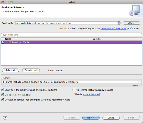 【5-2】【5-1】の設定が終わるとInstall画面に「Developer Tools」という項目が出てくるので、チェックして「Next」ボタンをクリックする。後はInstall途中で何度か質問に答えていき、最後に「Finish」ボタンをクリックすればInstall作業は終了する