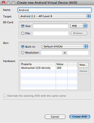 【5-5】【5-4】が終わったら、同じウィンドウの左リストから「Virtual Devices」を選択し、右端にある「New」ボタンをクリック、「Creat newAndroid Virtual Device」ウィンドウを開く。次に「Name：」に適当な名前をつけ、「Taget：」に「Android 2.0 - API Level 8」を選んで「Create　AVD」ボタンをクリックする