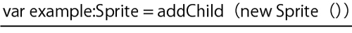 暗黙的型変換の例。一見問題なく見えるが、DisplayObjectContainer.addChild（）メソッドの返り値はDisplayObjectクラスのため、Spriteクラスを型指定した変数exampleの間で矛盾が発生する