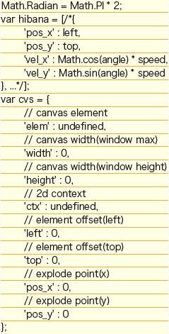 【04】 花火の制御コードの冒頭部分。cvs にcanvas要素で定義したさまざまな挙動をvarで呼び出しているのがわかる。実際にはコードはもっと長く、複雑である。なお、これらはHTML5花火大会のWebサイトで確認できる。