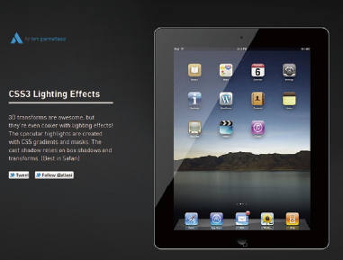 【03】マウスの動きに合わせてiPadが動き、その動きに同調してガラスの反射が変化する。CSS3 Lighting Effects（http://attasi.com/labs/ipad/）