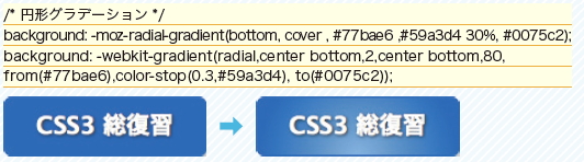 【5-3】円形グラデーションを設定する関数は、現時点ではブラウザによって異なる関数になっている。 ■Firefox・・・radial-gradient(方向や角度, 形状 サイズ,開始色, 途中色, 位置 終了色) ■webkit系ブラウザ（Safari,Chrome）・・・gradient(radial, 開始位置, 開始位置の半径, 終了位置, 終了位置 の半径, from(開始色), color-stop(位置, 途中色), to(終了色)) 開始位置はtop,bottomなどのキーワードなどで指定できる、形状やサイズに関してはブラウザで異なるが、 Firefoxの場合、形状はcircle(正円) elipse(楕円 デフォルト),サイズは以下の範囲を指定できるclosest-side( 要素の一番近い辺) closest-corner(要素の一番近い角) farthest-side(要素の一番遠い辺) farthest-corner(要 素の一番遠い角)contain(要素内に収める) cover(要素全体を覆う デフォルト)。