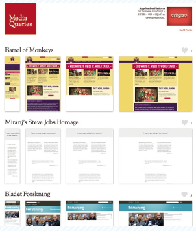 【01】Media Queries(http://mediaqueri.es/) Media Queryを使って作られたサイトのショーケース。すでにさまざまなサイトが登録されており、MediaQueryの普及が加速しつつあることがわかる。