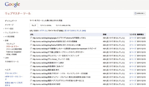 【09】Google ウェブマスターツールの「診断」→「クロールエラー」を表示したところ。ここでは、XMLサイトマップに記述されているが、ファイルが存在しないものが見つかっている。また、「診断」→「HTMLの候補」では、別のコンテンツに同じタイトルやページの概要（meta description）が記述されているケースを見つけられる。コンテンツ一つ一つに固有のタイトル、概要を付け直すことで改善できる。