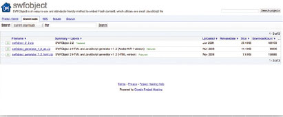 【03】Google Codeのページ（http://code.google.com/p/swfobject/downloads/list）で「swfobject_2_2.zip」をダウンロードする。