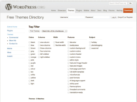 【01】WordPressの公式ディレクトリ（http://wordpress.org/extend/themes/tag-filter/）で、好きなスタイルのテーマをチェックし検索することができる。