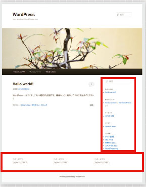 【02】WordPressバージョン3.4のデフォルトテーマである「Twenty Eleven」では、赤の囲みの部分がウィジェットエリアとしてサイト運用者が自由にコンテンツを入れ替えることが可能となっている。