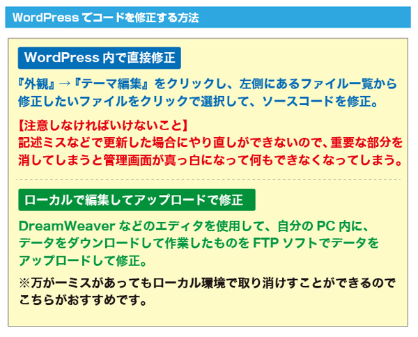 WordPressでの修正は他のソフトの使用がないので楽ですが間違えた際に復旧が難しくなるので注意が必要です (▲クリックして拡大)
